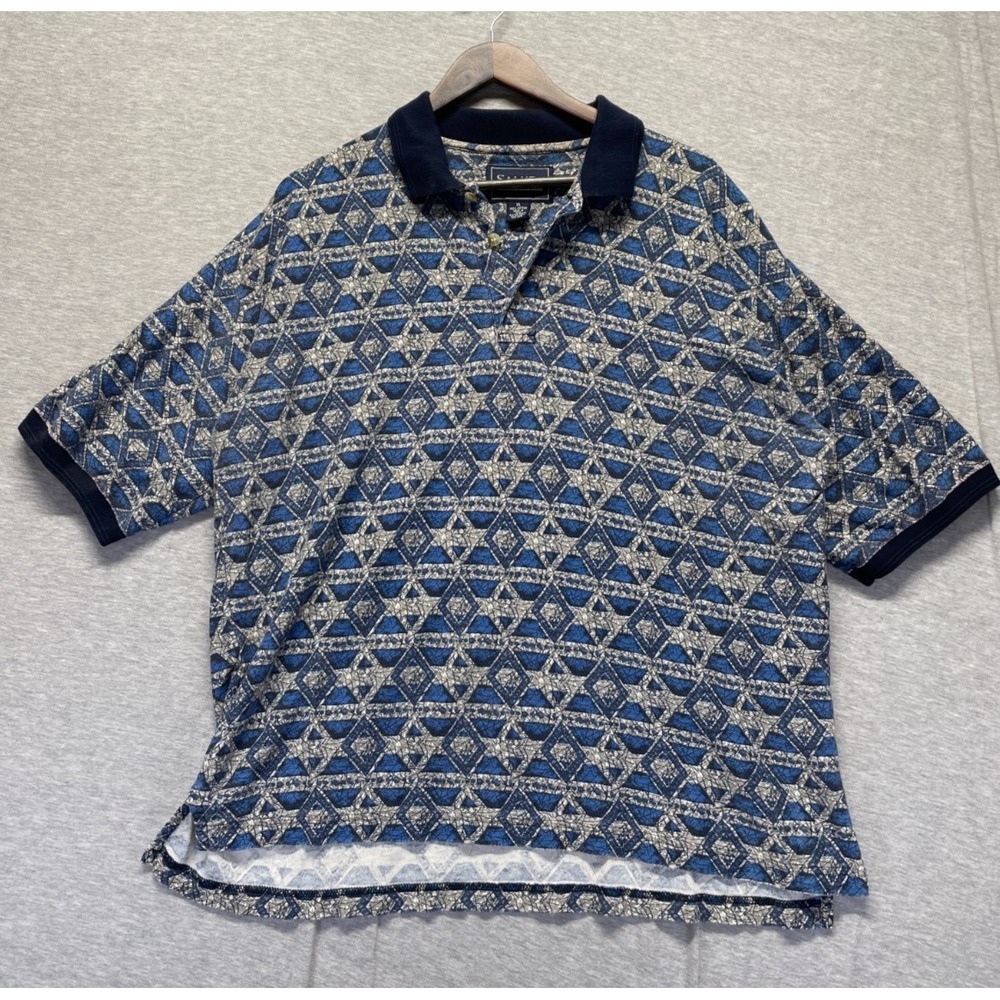 Vintage Salute by Oleg Cassini Polo Shirt Men XL Blue Multi Geometric Print Golf